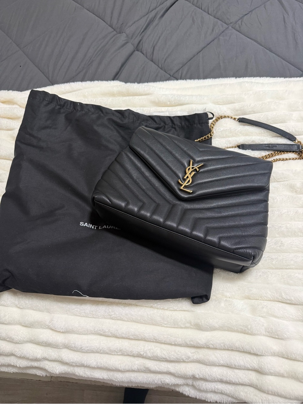 Saint Laurent Black Chevron Quilted Leather Crossbody with Gold Logo